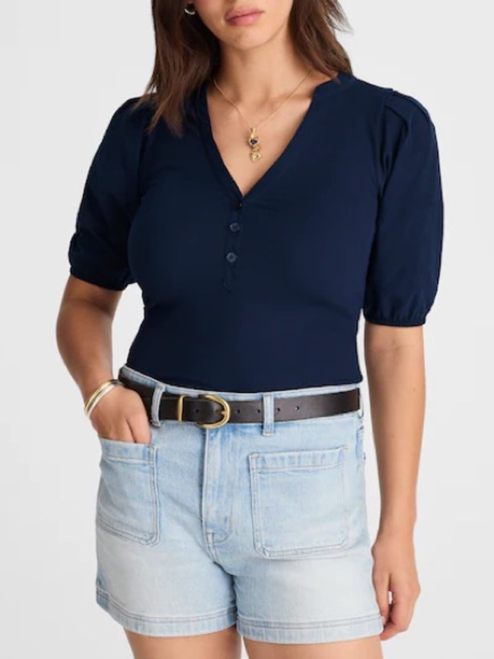 Madewell Puff-Sleeve Henley Knit Top